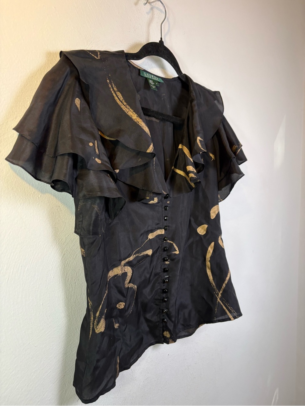 NWT Lauren Ralph Lauren 2 Piece 100% silk ruffle gold splash blouse skirt 4/6 S - Picture 15 of 16